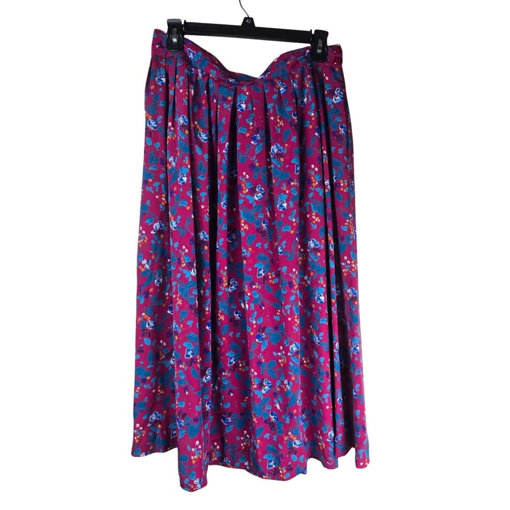 Vintage Floral Pleated Midi Skirt | High Waist‎ Purple Blue Red Cottagecore Boho
